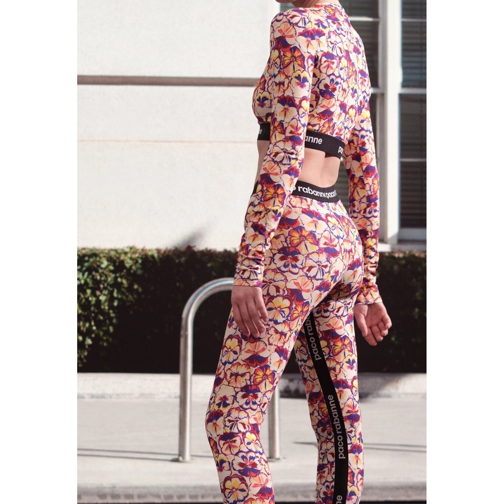 Paco Rabanne Leggings Womens XS Multicolor Floral Logo Tape Bold